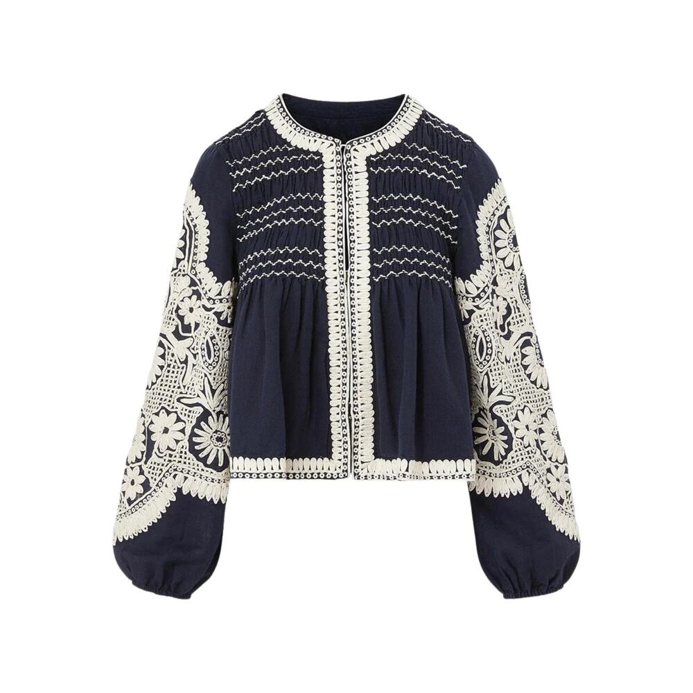 Veronica Beard womens navy/off white Dorian embroidered linen blend jacket NWT S